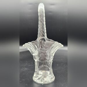 Vintage Etched Daisy Crystal Glass Basket Vase